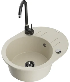 Mexen Kevin, drez granitový 586x458x190 mm, 1-komorový a čierna matná batéria Telma, béžová, 6517-69-670200-70