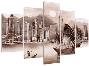 Obrázok - Victoria Harbor, Hong Kong, sépiový efekt (150x105 cm)