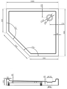 Mexen Flow+, päťuholníková sprchová vanička, pravá, 100 x 90 cm, čierna matná, 46P709010RH