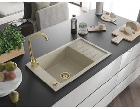 Mexen Elias, granitový drez granitový 795x480x200 mm, 1-komorový, béžová so zlatým sifónom, 6511791005-69-G