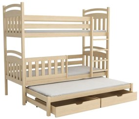 Detská poschodová posteľ z masívu borovice ONDRA s prístelkou a šuplíkmi - 200x80 cm - PRÍRODNÁ BOROVICA