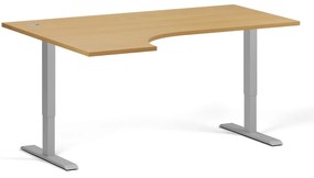 Rohový výškovo nastaviteľný stôl, 160x120 cm, 2 motory, L/P, sivá podnož, buk