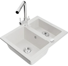 Mexen Carlos, 1,5-komorový granitový drez 582x475x177 mm a drezová batéria Duero, biela, 6518-20-671600-00