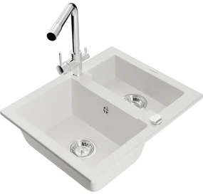 Mexen Carlos, 1,5-komorový granitový drez 582x475x177 mm a drezová batéria Duero, biela, 6518-20-671600-00