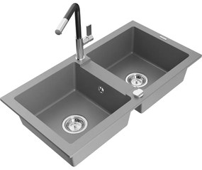 Mexen Mario, 2-komorový granitový drez 820x436x161 mm a drezová batéria Flora, šedá, 6504-71-670401-07