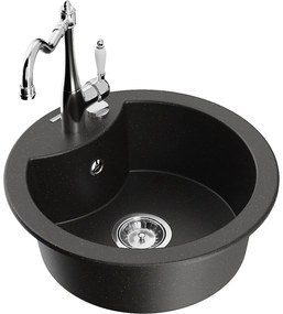 Mexen Diego, granitový drez 488x488x167 mm, 1-komorový a drezová batéria Carla, čierna-zlatá metalíza, 6512-75-670700-00