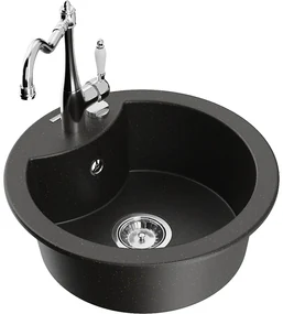 Mexen Diego, granitový drez 488x488x167 mm, 1-komorový a drezová batéria Carla, čierna-zlatá metalíza, 6512-75-670700-00