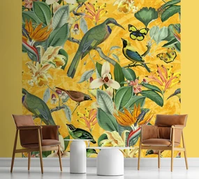 Gario Fototapeta Žlté abstrakčné vtáky na zelenej vetve - Andrea Haase Materiál: Vliesová, Rozmery: 200 x 200 cm