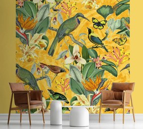 Gario Fototapeta Žlté abstrakčné vtáky na zelenej vetve - Andrea Haase Materiál: Vliesová, Rozmery: 250 x 250 cm