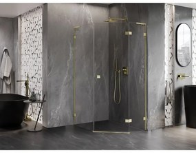 Mexen Lunar, L pravý výklopný päťuholníkový sprchový kút 90 x 100 cm, 8mm číre sklo, zlatý matný profil, 831L-090P-100L-55-00-P