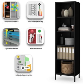 Čierny kovový regál na knihy MARIO Modern 500 x 1800 x 350 mm