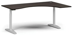 Výškovo nastaviteľný stôl OBOL, elektrický, 675-1325 mm, ergonomický pravý, doska 1800x1200 mm, biela zaoblená podnož, wenge