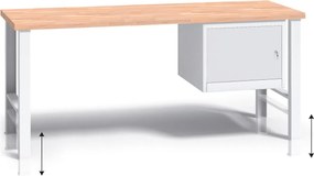 Výškovo nastaviteľný pracovný stôl do dielne G3 so závesnou skrinkou na náradie, buková škárovka, 1700 x 685 x 840 - 1050 mm, sivá