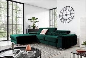 Zelená zamatová rozkladacia/s úložným priestorom rohová pohovka (ľavý roh/s leňoškou) Grayson – ELTAP