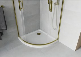 Mexen Rio, štvrťkruhový sprchovací kút s posuvnými dverami 90(dvere) x 90(dvere) x 190 cm, 6mm sklo námraza, zlatý profil + biela sprchová vanička SLIM, 863-090-090-50-30-4110G