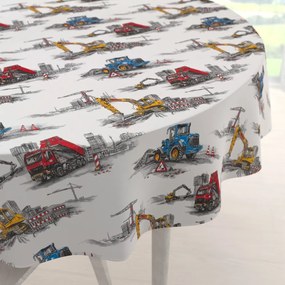 Biante Detský bavlnený okrúhly obrus Sandra SA-578 Nákladiaky a bagre na bielom Ø 80 cm