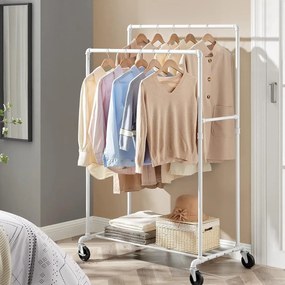 Stojan na šaty s kolieskami, dvojitými tyčami, kovový, biely