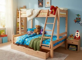 Detská poschodová posteľ s rozšíreným spodným lôžkom z MASÍVU 200x90cm so šuplíkmi PAVLÍNA