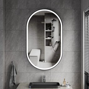 Erga Gwen, oválne LED zrkadlo 60x100cm v čiernom kovovom ráme, 3 farby svetla, predné osvetlenie, vyhrievacia podložka proti zapareniu, ERG-V01-GWEN-6010-BK