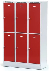 Alfa 3 Šatníková skrinka S6 na sokli s úložnými boxami, 6 boxov, 1920 x 1200 x 500 mm, otočný zámok, červené dvere