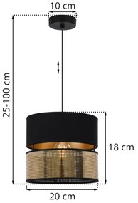 Závesné svietidlo Asti2, 1x PVC/čierne textilné tienidlo, (fi 20cm), g, b