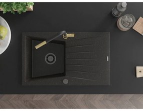 Mexen Cesar, 1-komorový granitový drez 775x470x190 mm a drezová batéria Flora, čierna-zlatá metalíza, 6514-75-670401-57-B