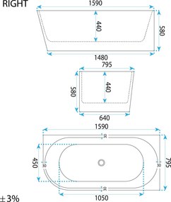 Asymetrická akrylátová vaňa s krycím panelom REA SYDNEY BELLANTO Pravá 160x75 cm, biely, sifón Click-Clack - čierny