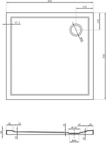 Mexen Flow Slim, štvorcová sprchová vanička 85 x 85 cm, biela lesklá, 46S108585
