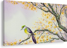 Obraz - Akvarelový vtáčik na strome (90x60 cm)