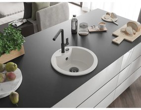 Mexen Diego, 1-komorový granitový drez 488x488x167 mm a drezová batéria Flora, biela, 6512-20-670401-70-B