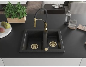 Mexen Carlos, 1,5-komorový granitový drez 582x475x177 mm a drezová batéria Aster, čierna-strieborná metalíza, 6518-73-73450-57-G