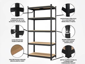 Fistar Regál 2200x1000x500 mm, lakovaný 5-policový, nosnosť 875 kg - ČIERNY