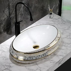 BPS-koupelny Keramické umývadlo na dosku HYD-YO-WH-MOD5-GL-600 60x40 cm, biele/zlatý dekor