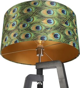 Stojaca lampa trojnožka čierna s tienidlom s motívom páva 50 cm - Puros