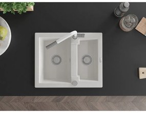 Mexen Carlos, 1,5-komorový granitový drez 582x475x177 mm a drezová batéria Flora, biela, 6518-20-670401-02