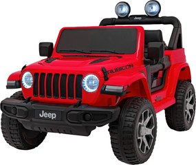 Ramiz Jeep Wrangler Rubicon na batérie pre deti červený + diaľkové ovládanie + rádio MP3 LED + kolesá EVA