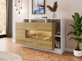 Komoda Tauron, Farby: biela / dub grande, Osvetlenie: osvetlenie LED RGB - farebné