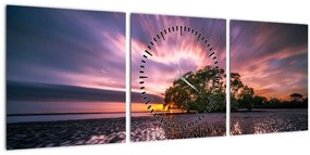Obraz pláže pri západe slnka (s hodinami) (90x30 cm)