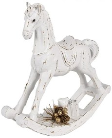 Bielo-zlatá dekorácia hojdací koník s medvedíkom - 25*7*25 cm