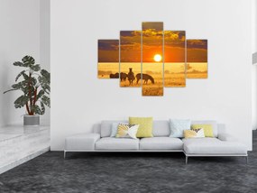 Obraz - Zebry so západom slnka (150x105 cm)