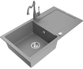 Mexen Leo, 1-komorový granitový drez 900x500x190 mm a drezová batéria Carla, šedá, 6501-71-670700-71
