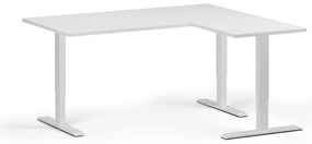 Rohový výškovo nastaviteľný stôl, 160x140 cm, 3 motory, L/P, biela podnož, biela