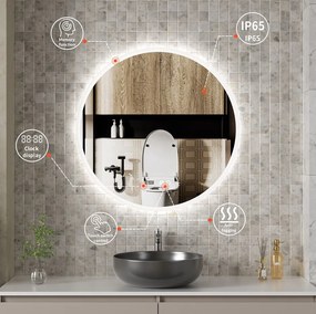 Erga Deam, okrúhle LED zrkadlo 90cm, 3 farby svetla, predné osvetlenie, vyhrievacia podložka proti zapareniu, ERG-V01-Deam-9090-CL