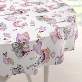 Biante Detský bavlnený okrúhly obrus Sandra SA-464 Slony s fialovou dúhou na bielom Ø 80 cm