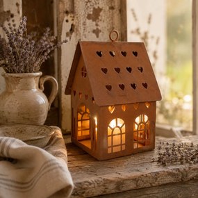 Hrdzavý svietnik v tvare domčeka Rustic Charm - 12*12*18 cm