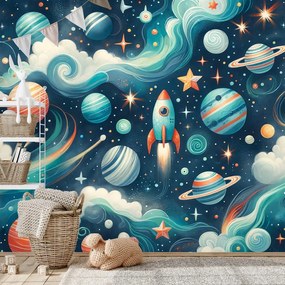 Tapeta farebný vesmír s raketou