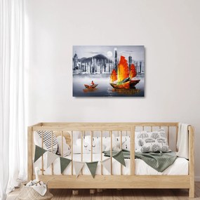 Sklenený obraz - Victoria Harbor, Hong Kong, čiernobiela olejomaľba (70x50 cm)