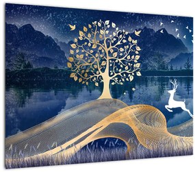 Sklenený obraz jeleňov pri splne (70x50 cm)