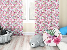 Biante Detský bavlnený záves Sandra SA-493 Kolibríky s ružovými kvetmi na bielom 150x170 cm