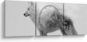 Obraz - Arktický vlk zrkadliaci divokú krajinu, čiernobiely (s hodinami) (90x30 cm)